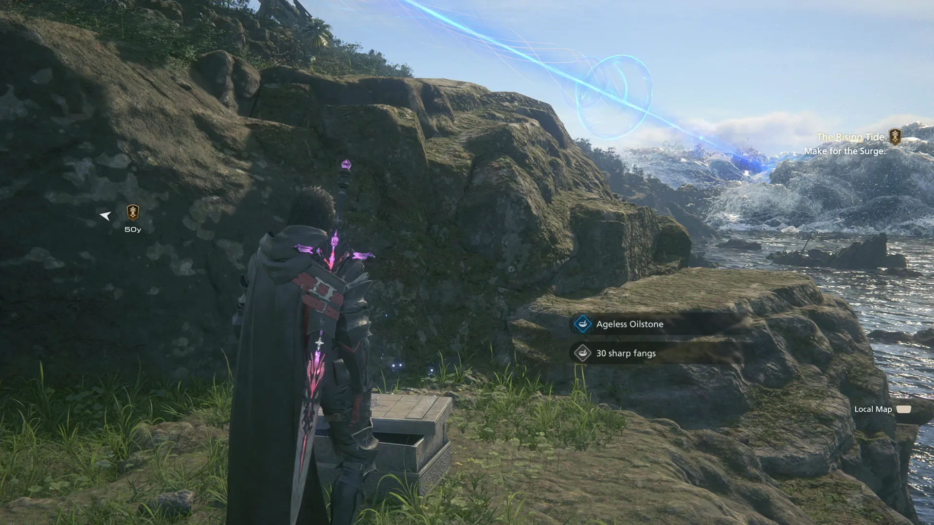 Opening the treasure coffer that contains an Ageless Oilstone in the Tailwind Bay