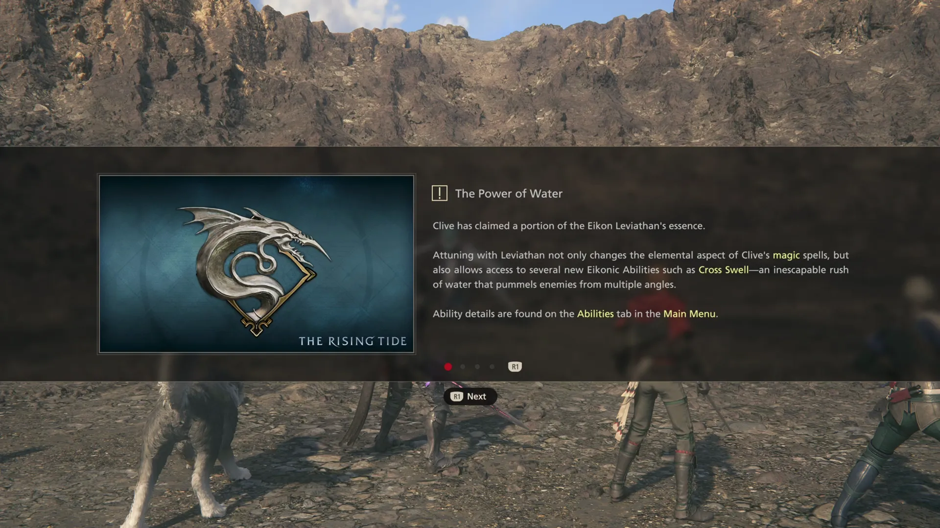 Clive receiving the Power of Water and access to Leviathan during the boss battle against Perykos at the Surge