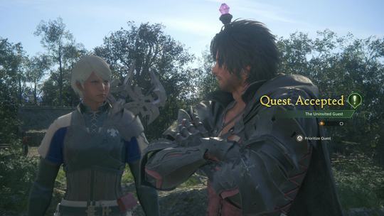 Clive and Shula looking on as they accept a quest from Jamila in Haven