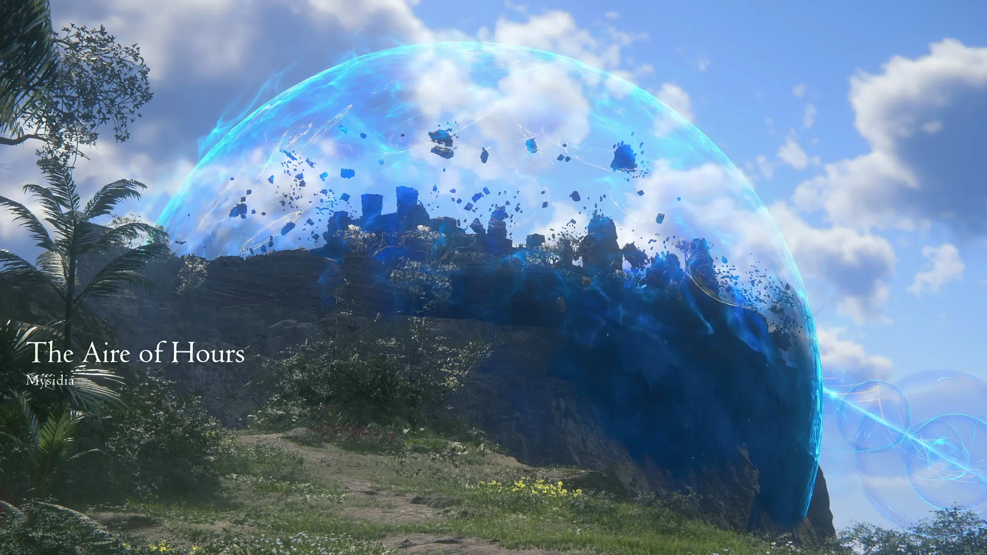 Title screen for the Aire of Hours area in Mysidia with the blue magic time orb surrounding the town