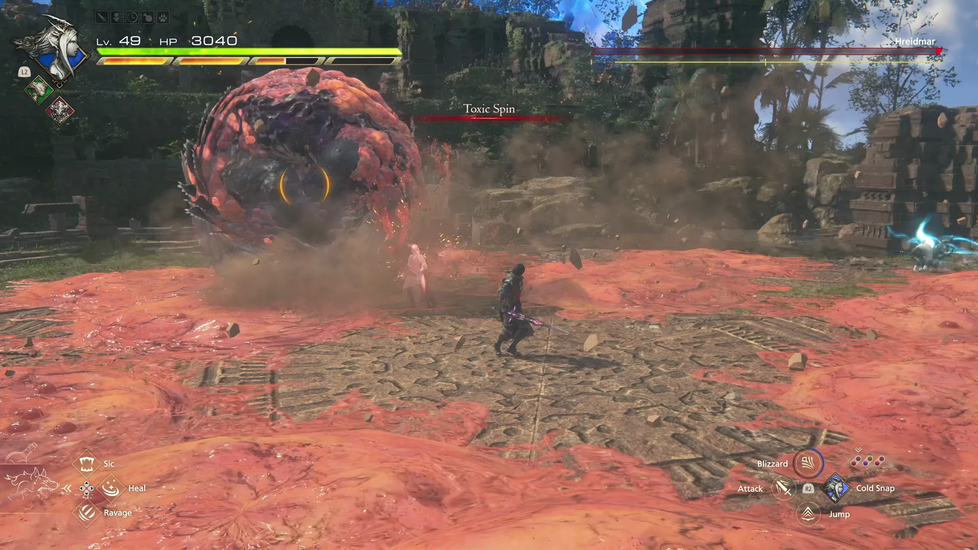 Hreidmar using its toxic spin attack towards the end of the boss battle