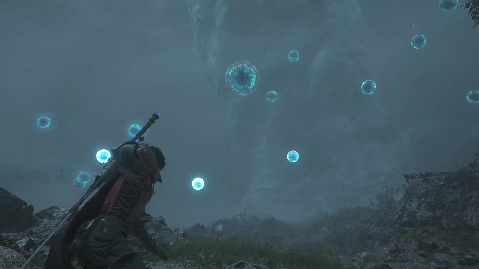 Leviathan using its water orb attacks as Clive approaches on foot