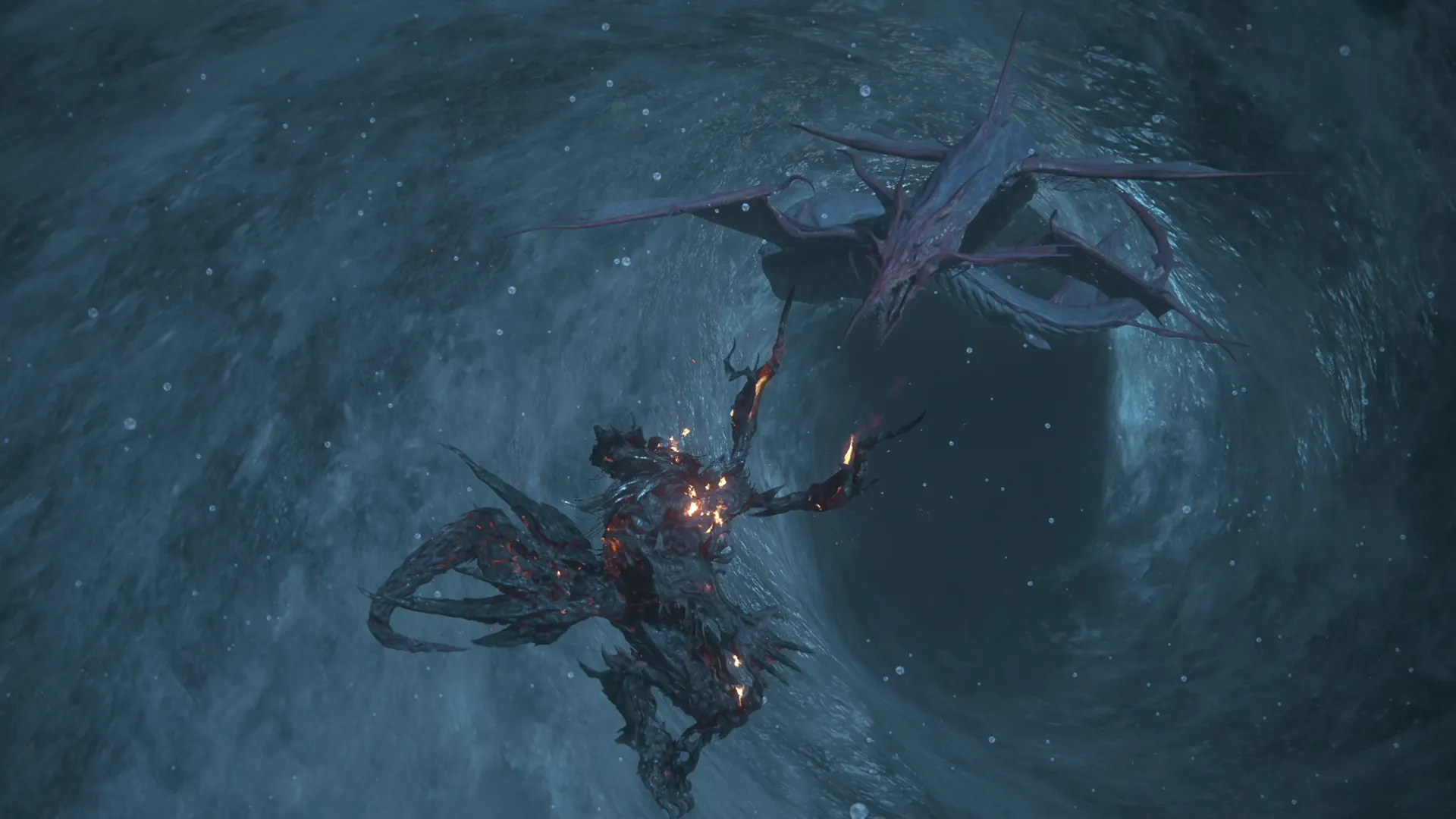 Opening of phase 1 of the boss battle against Leviathan with Ifrit flying through the water tornado