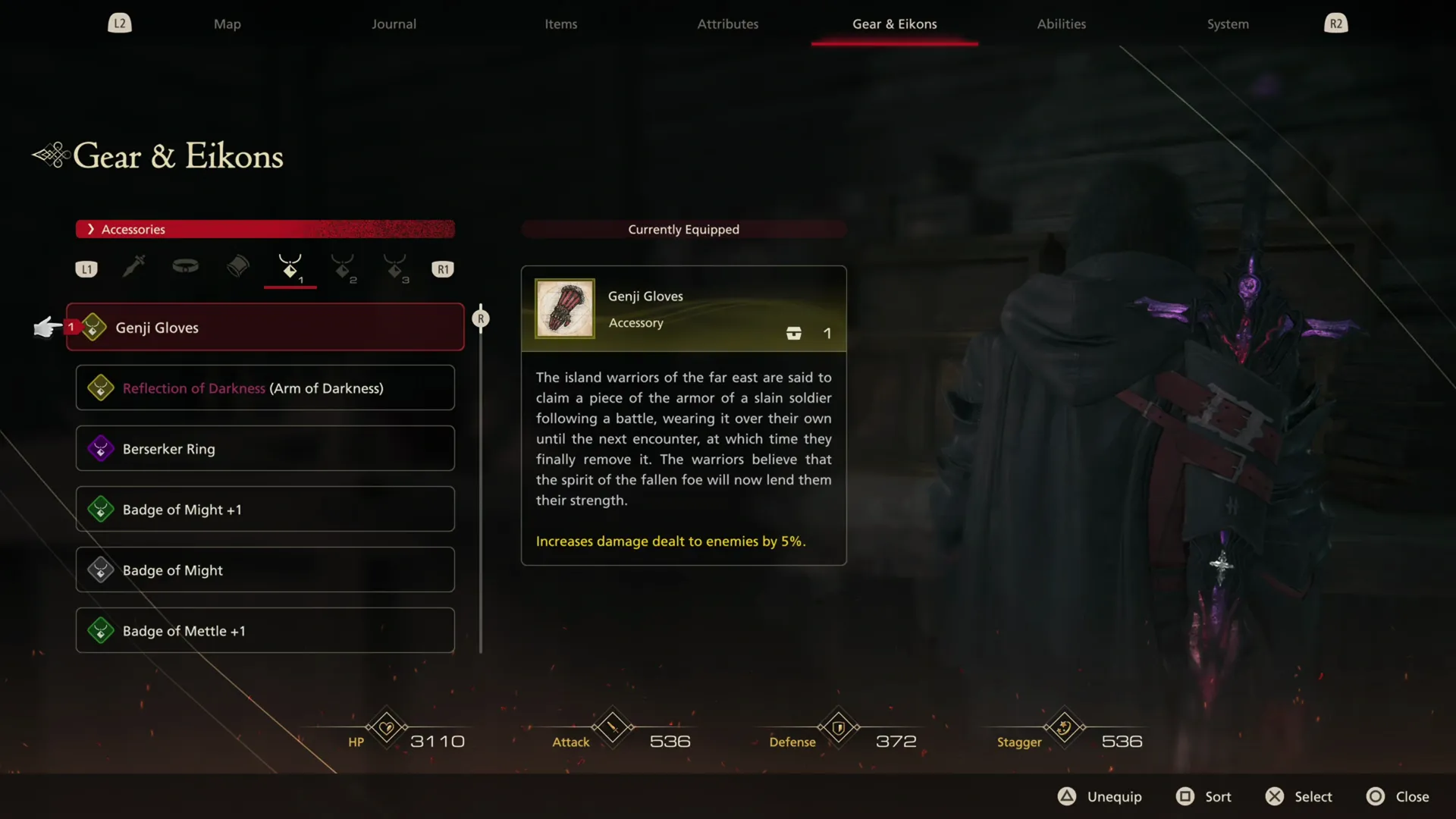 Gear & Eikons screen showing Genji Gloves accessory being equipped