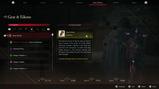 Gear and Eikons screen with Clive equipping the Genji Gloves accessory