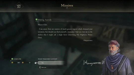 Accepting the A Tail to Tell Optional Quest from the Making Amends missive on Clive’s reading table