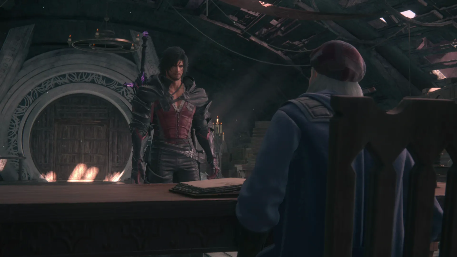 Clive meeting with Harpocrates in the shelves of the Hideaway