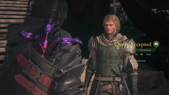 Accepting the Trial and Error quest from Nazaire in the Hideaway