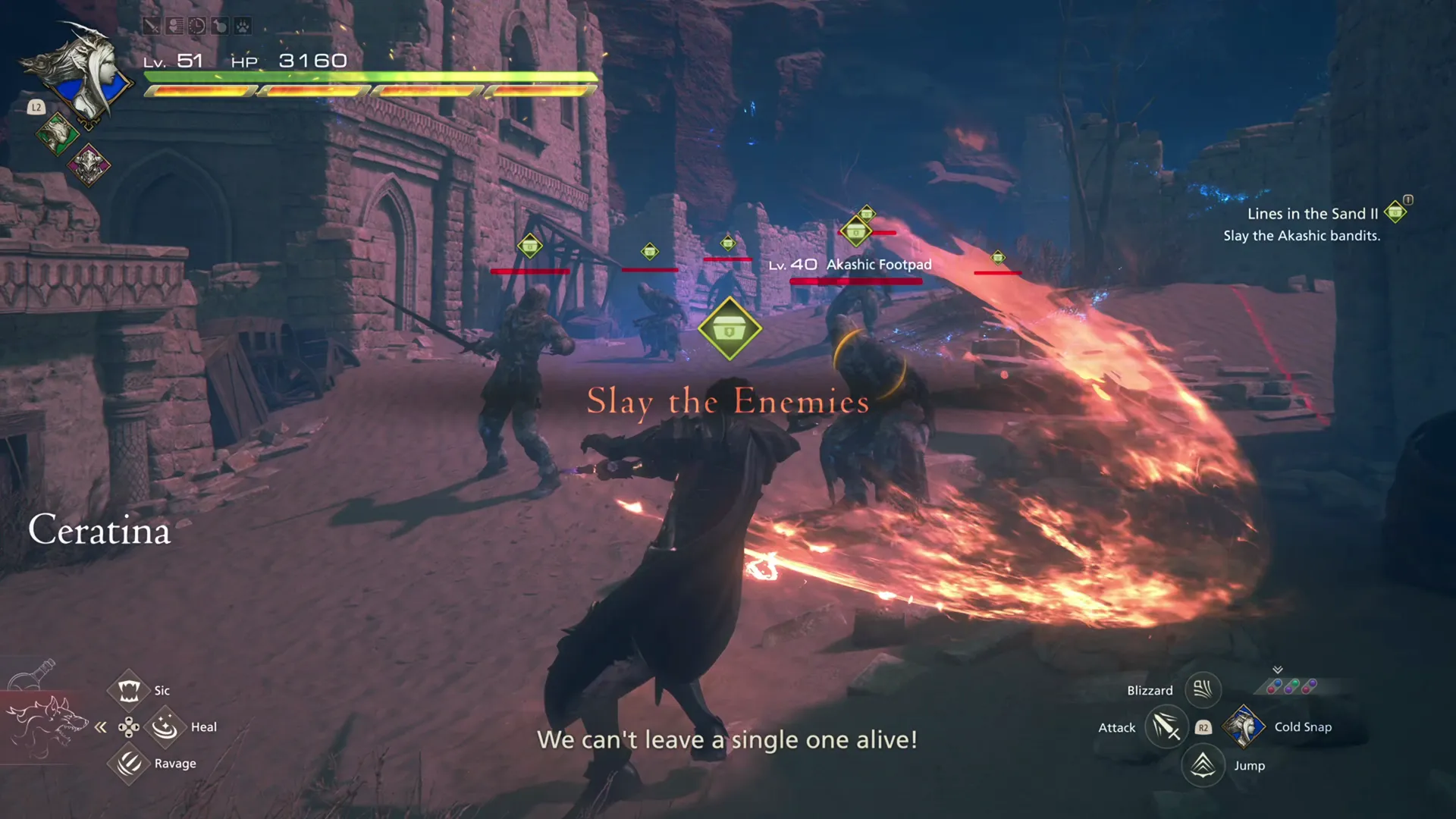 Defeating the group of enemies at Ceratina village in the Velkroy Desert