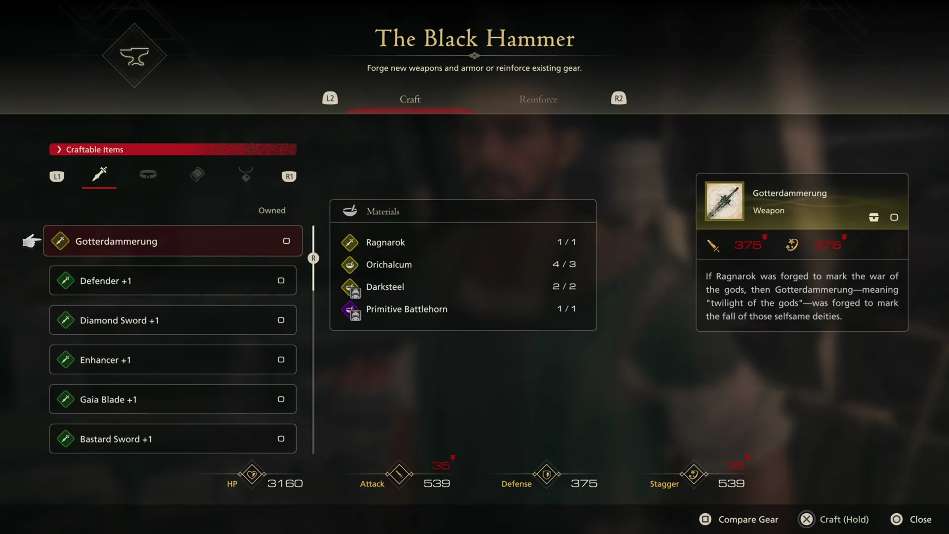Crafting the Gotterdammerung weapon at the Black Hammer