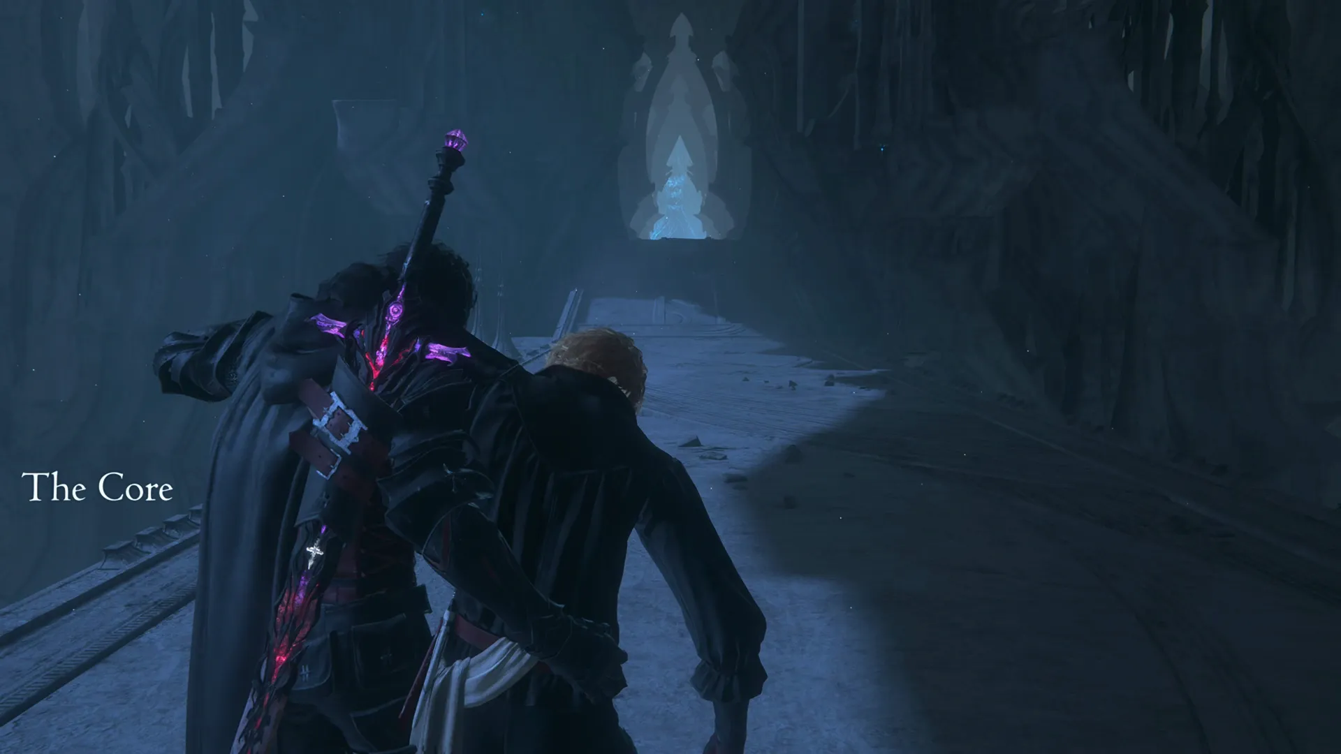 Clive carrying Joshua as the two of them approach the Core of Origin