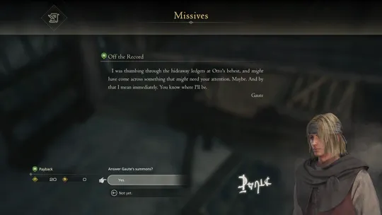 Accepting the Payback Optional Quest from the Off the Record missive at Clive’s reading table