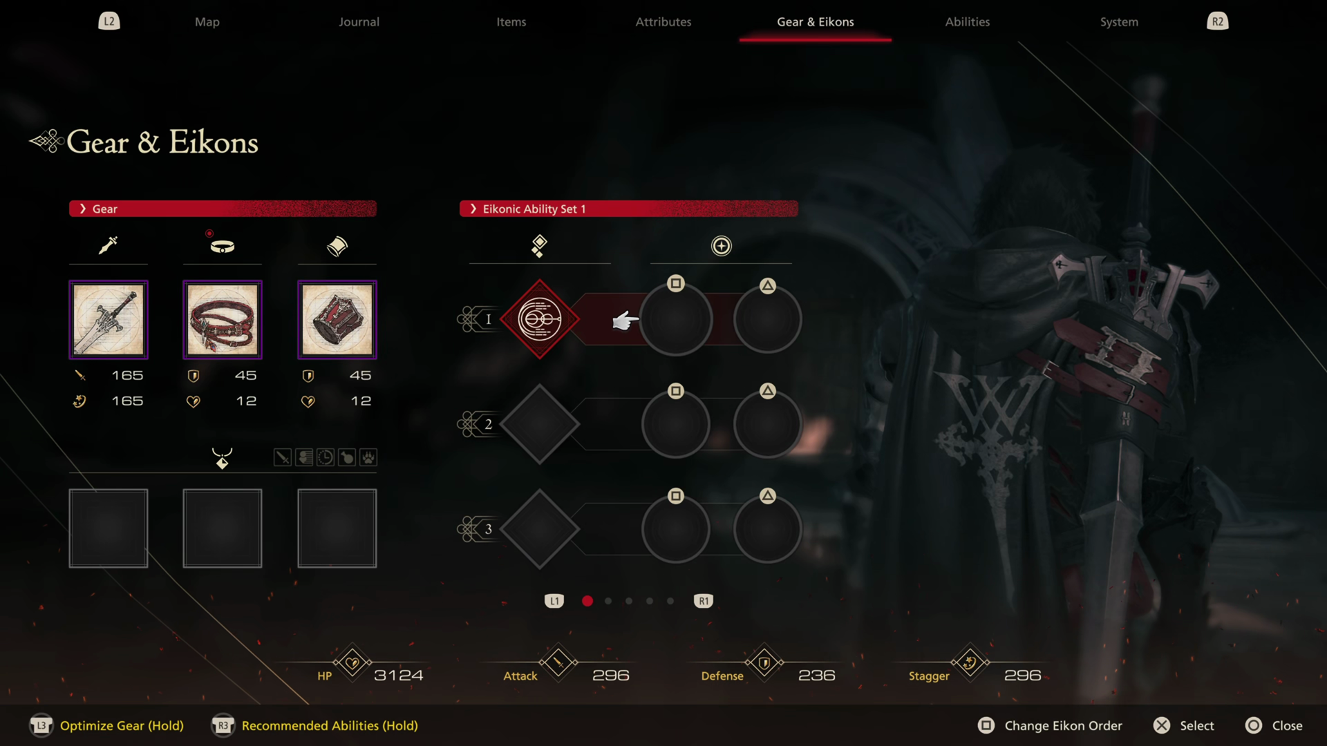 Gear & Eikons screen with no Eikons or Eikonic Abilities selected