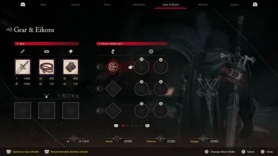 A view of the Gear & Eikons tab of the menu screen with no Eikons or abilities selected