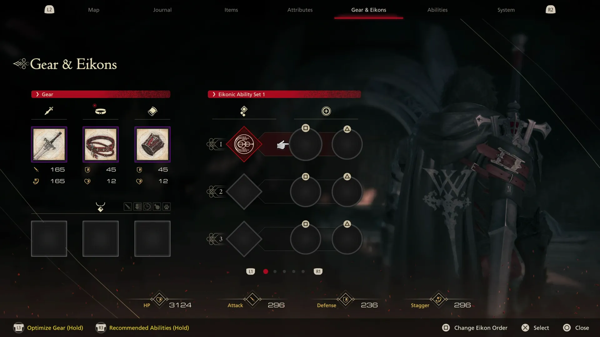 Gear & Eikons tab in the menu screen showing basic equipment setup and an empty Eikonic Ability Set with no abilities selected