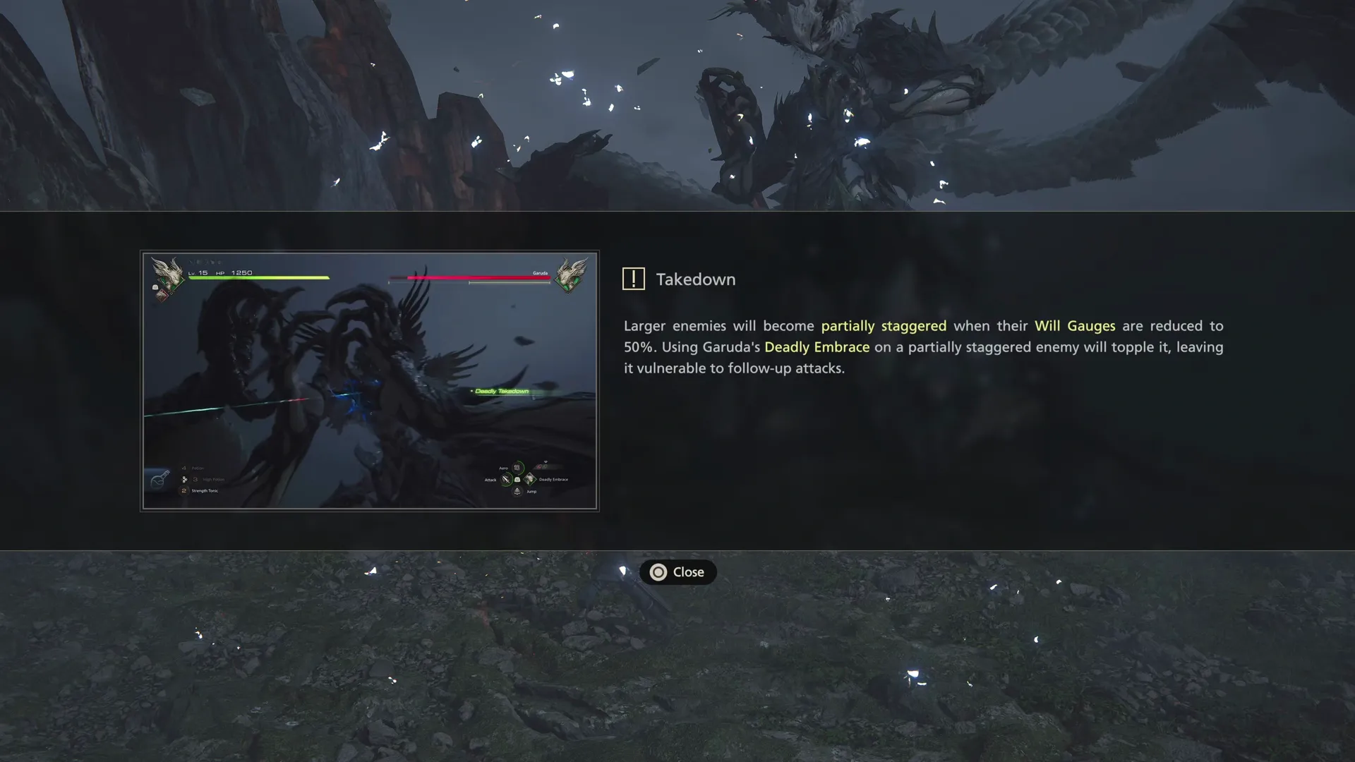 Tutorial message during the Garuda battle which explains how to complete a Deadly Takedown with Deadly Embrace
