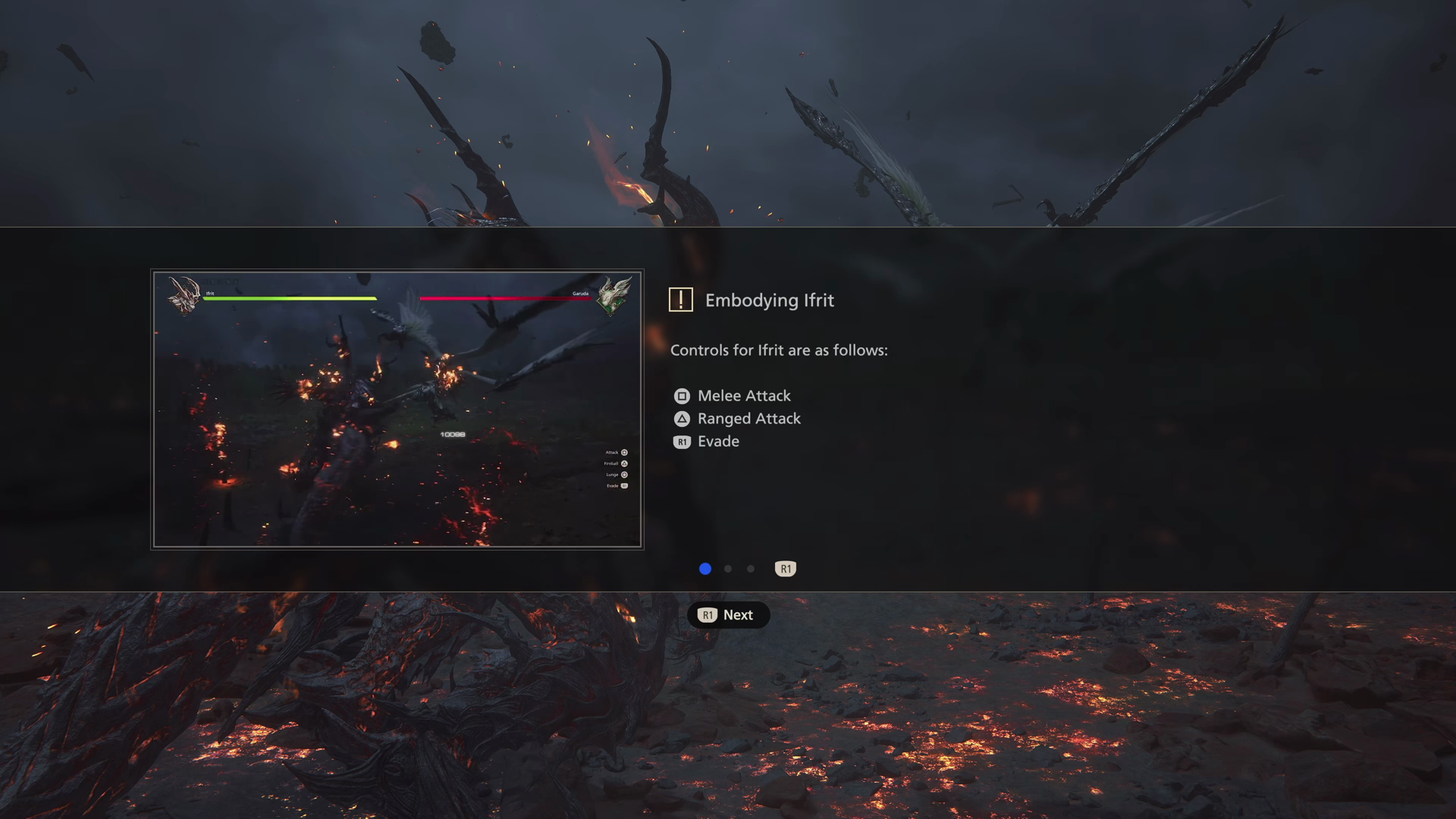 Tutorial message explaining that Clive is now embodying Ifrit during the fight against Garuda