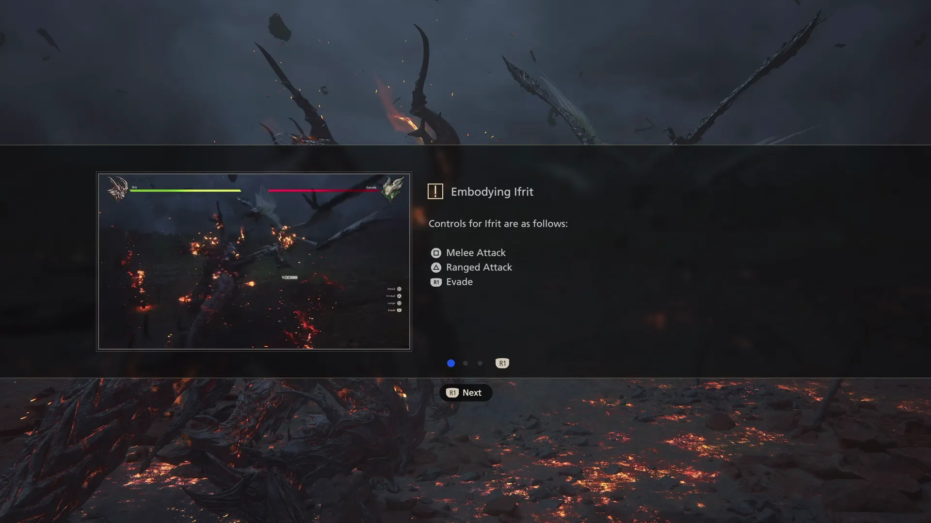 Tutorial message explaining that Clive is now embodying Ifrit during the fight against Garuda