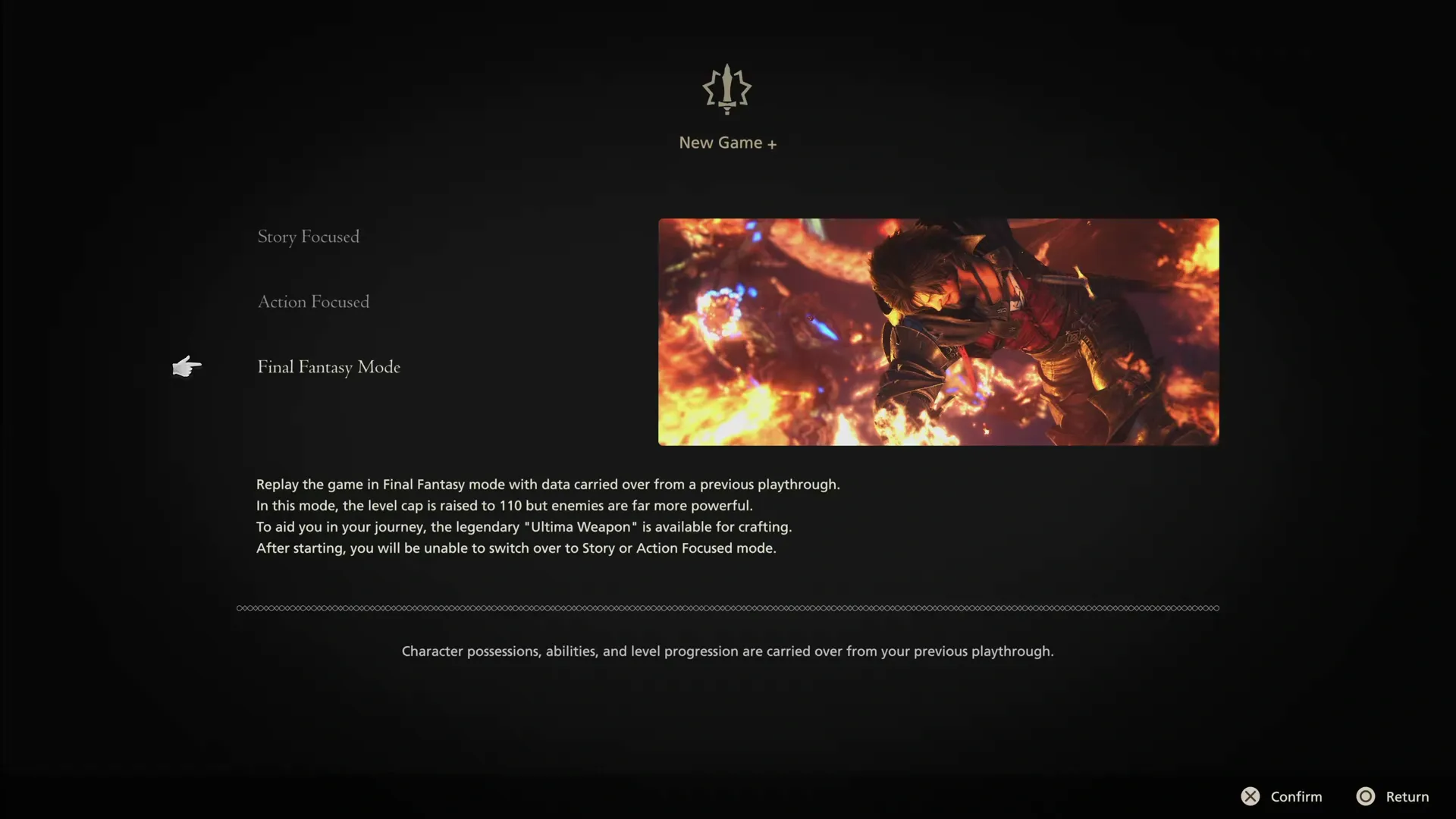 Menu selection at the beginning of the game with the Final Fantasy mode option highlighted