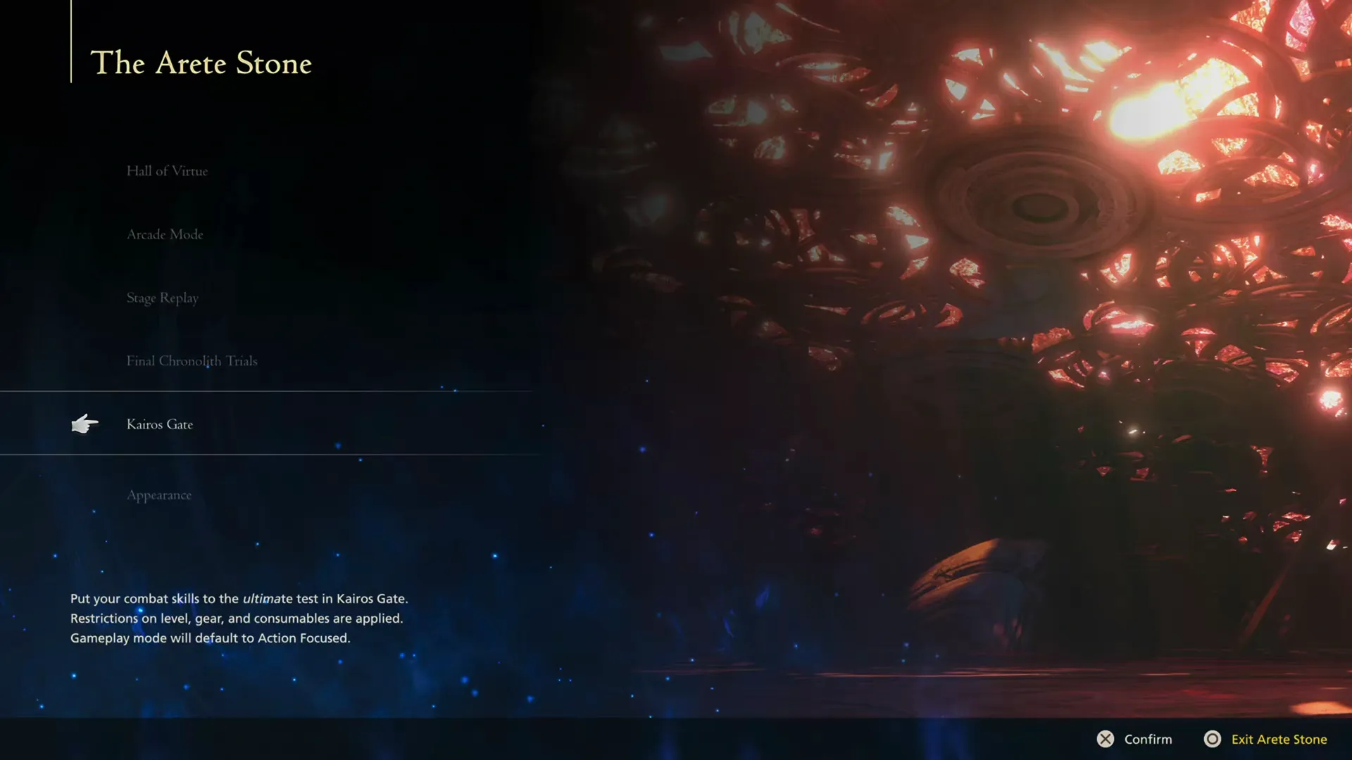 Selecting the Kairos Gate option at the Arete Stone