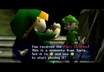 Saria giving Link the Fairy Ocarina