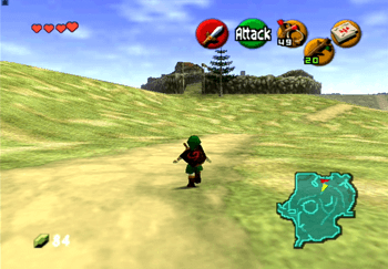 Link approaching Lon Lon Ranch in the middle of Hyrule Field