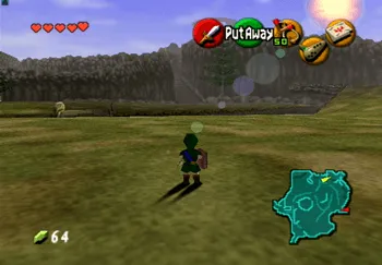 Facing the entrance to Kakariko Village in Hyrule Field