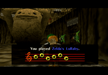 Playing Zelda’s Lullaby outside of Darunia’s Chamber to gain access