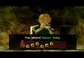 Link using Saria’s Song in Darunia’s Chamber