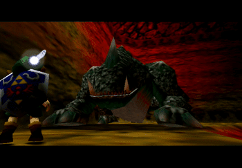 Link facing down King Dodongo