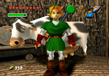 Link with the Lon Lon Cow inside his house in Kokiri Forest
