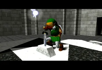 Adult Link putting the Master Sword back into the Pedestal of Time