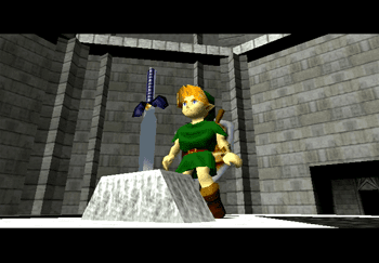 Young Link pulling the Master Sword out of the Pedestal of Time