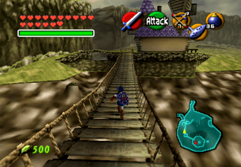 Running across the bridge over Lake Hylia towards the Lakeside Laboratory