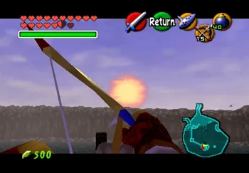 Aiming the Fairy Bow at the sun on the island in the center of Lake Hylia